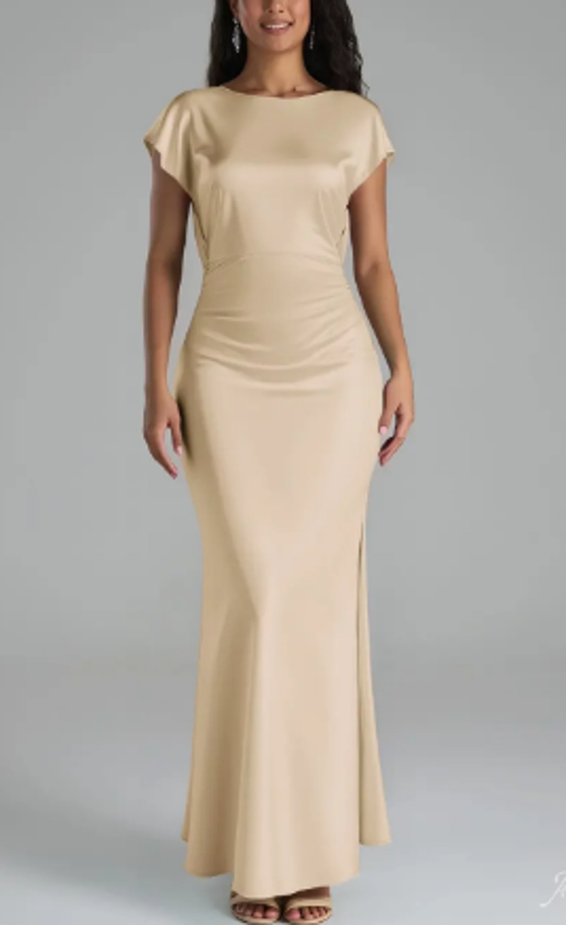 AW BRIDAL 8 M champagne Lacey satin bridesmaid formal party maxi dress NEW B44
